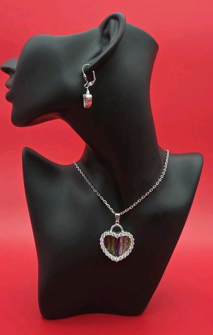 Rainbow Heart Pendant Necklace & Matching Earrings Silver Tone Rhinestone...